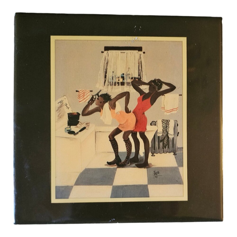Annie Lee print on ceramic tile of two ladies getting ready in the bathroom
